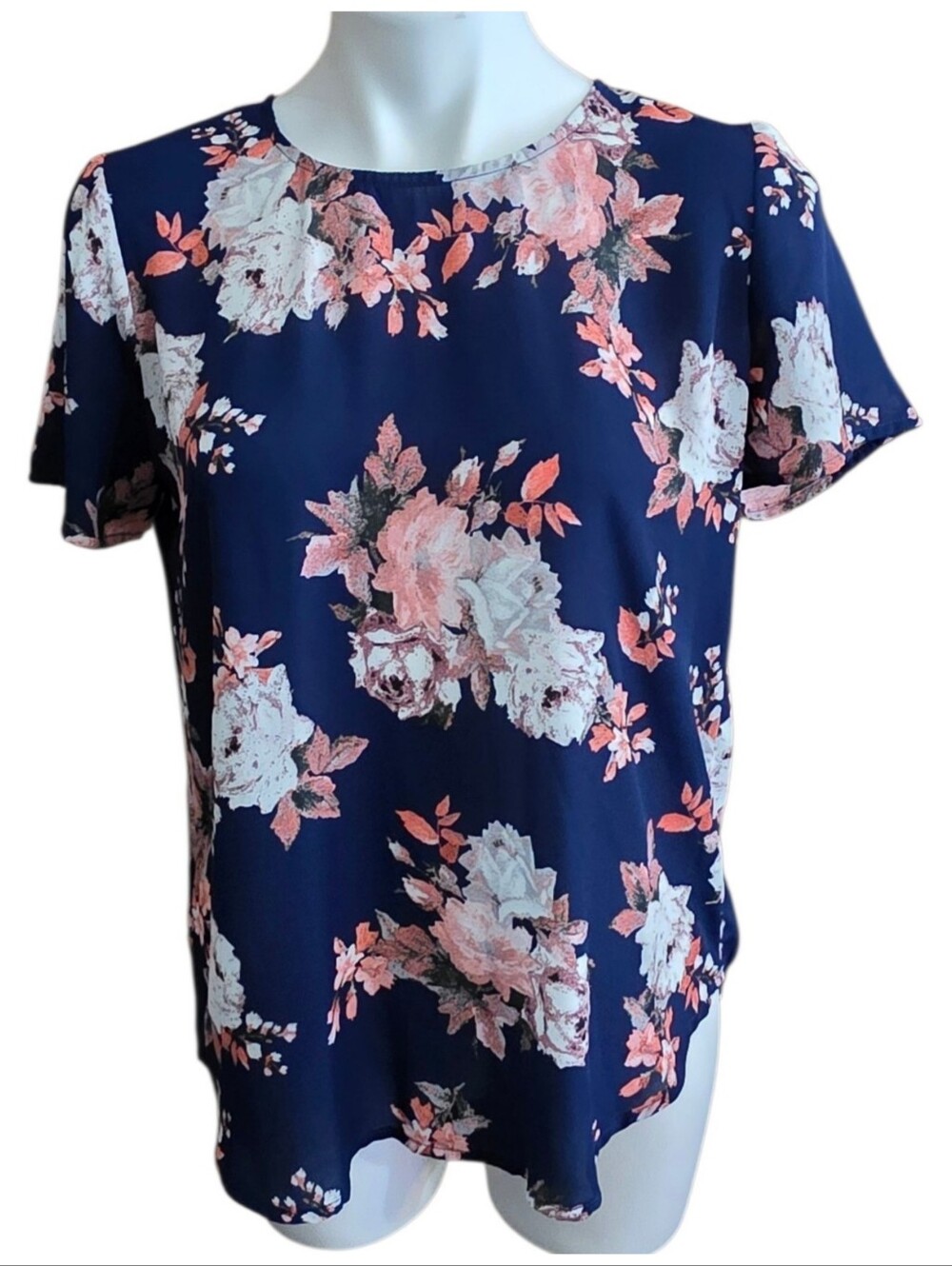 Chelsea & Theodore Navy Floral Short Sleeve Blouse Size S - Picture 2 of 9
